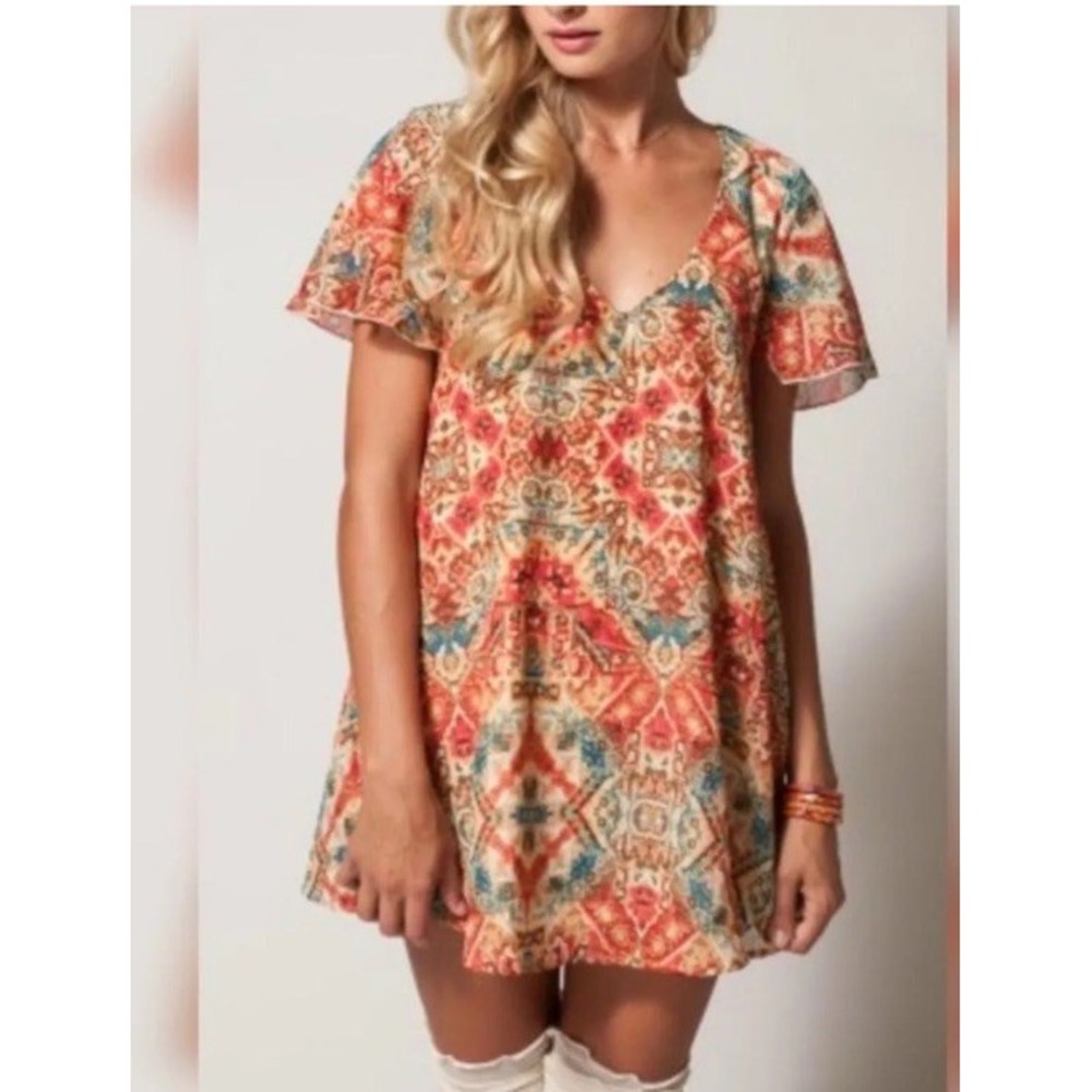 Show Me Your Mumu Kylie Mini Dress Aztec Orange Red Peach Festival Small